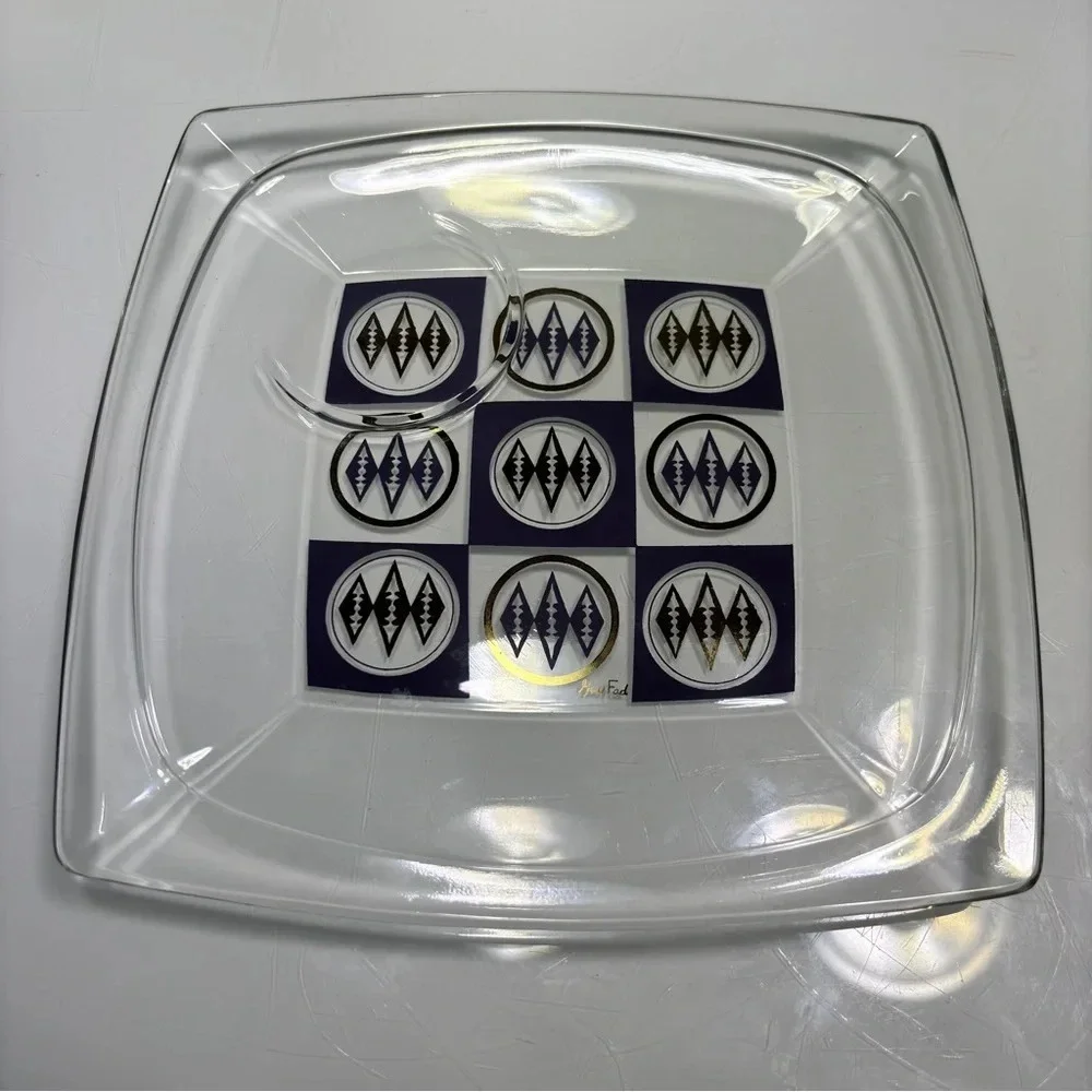 VTG Purple Gold MCM‎ Checker Print Set of 5 Gay Fad Square Plates with Cup Ledge